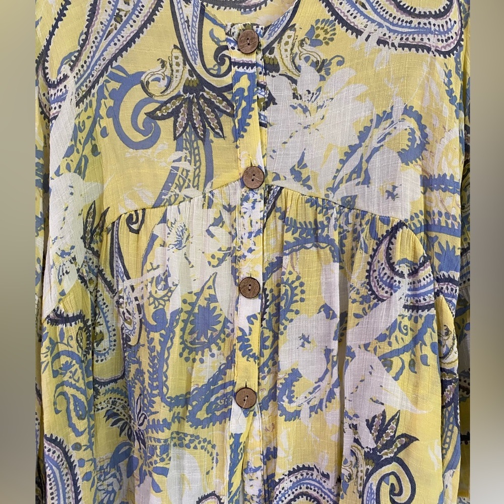 Unique Spectrum Blouse Women 1X Yellow Blue Paisley Button Front Babydoll Top - Picture 6 of 11